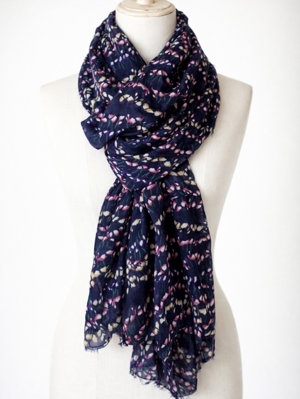 Navy Infinity Scarf Mini Floral Pink Yellow Purple Green Fringe Lightweight